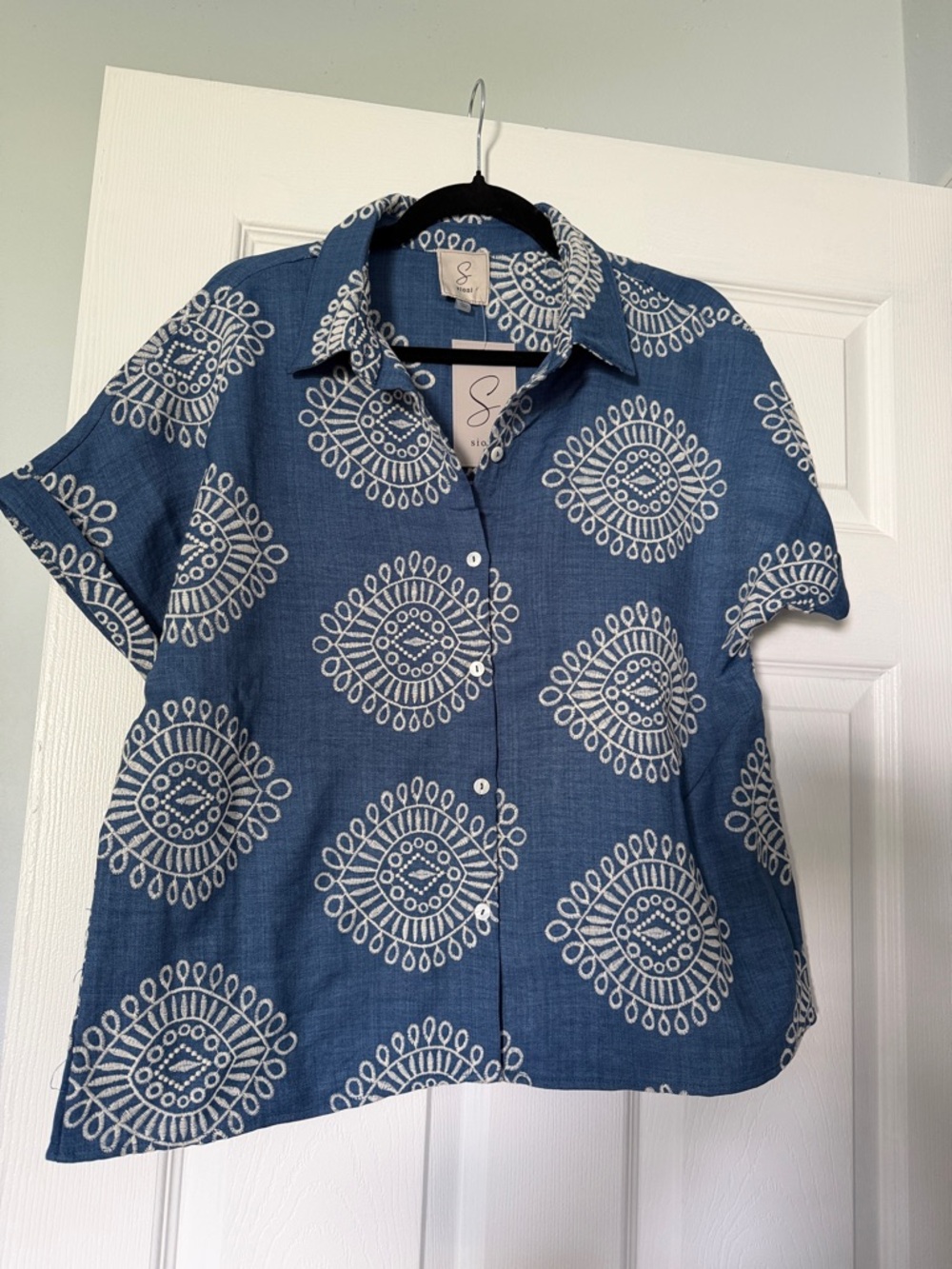 Sioni Blue Button-Up Shirt with White Embroidered Medallions